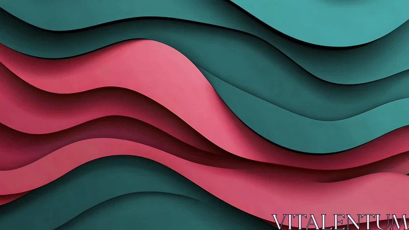 Layered teal and pink curved bands in abstract composition.