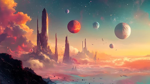 Crimson planets drift above citadels of cloud and light