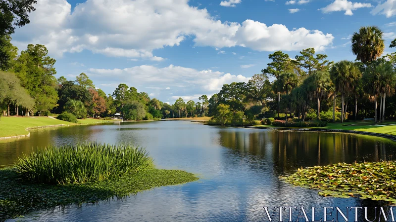 Calm lakeside escape with lush trees and bright blue sky.