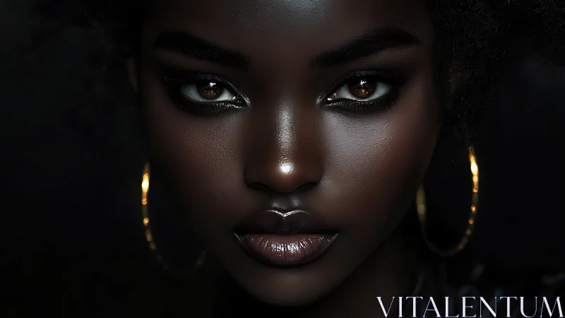 Luminescent portrait with high-gloss skin and golden hoops.