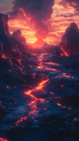 Volcanic lava channel extends toward distant eruptive plume