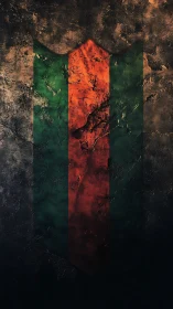 Vertical tricolor shield emblem on textured stone surface.