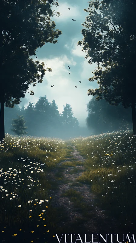 Misty meadow path beneath towering trees and open sky.