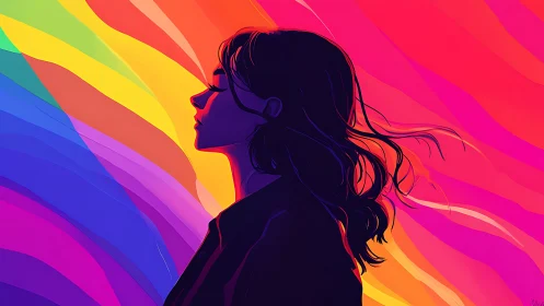 Silhouetted female profile contrasts against radiant chromatic waves
