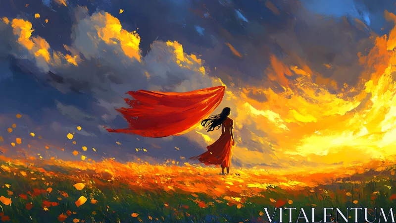 Woman in red dress faces blazing golden horizon sky.