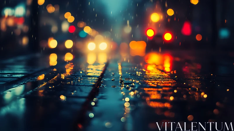Cinematic rainy street bokeh with shallow depth of field focus.