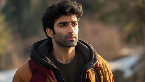 Thoughtful young man in winter light outdoors portrait.
