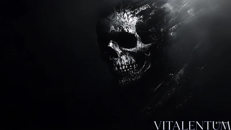 Weathered white skull emerging from a dark black void.