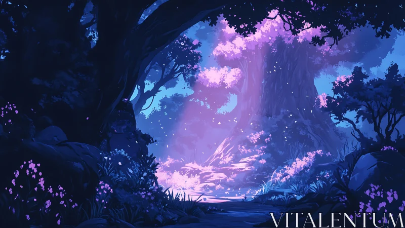 Luminous Forest Glade Bathed in Ethereal Pink and Blue Light.