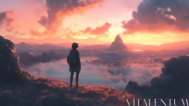 Lone traveler overlooking glowing valley at sunrise.