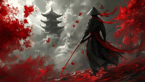 Crimson autumn guides a lone samurai toward the distant temple