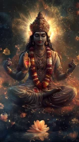 Radiant lotus deity floating in cosmic golden stillness.