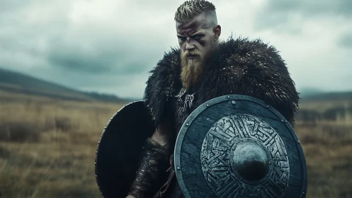 Brooding Viking warrior stands armored beneath stormy skies.