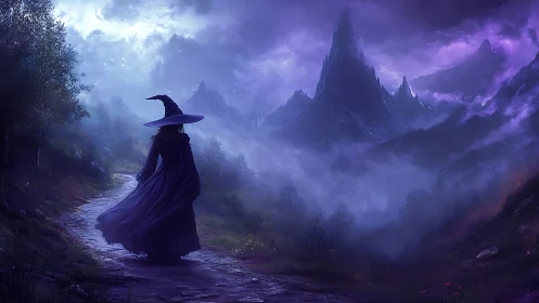 Solitary witch walking toward misty violet mountains.