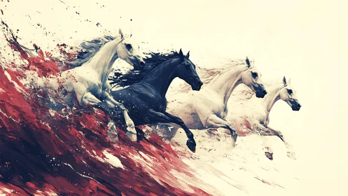Galloping horses erupt through red abstract paint surge