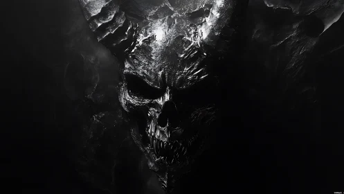 Demonic skull emerges from swirling darkness in monochrome terror.