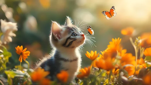 Curious kitten watching butterflies over glowing orange flowers.