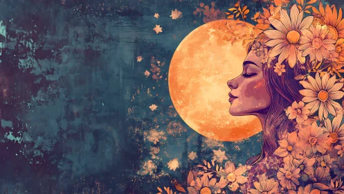 Celestial female profile merges with florals before full moon