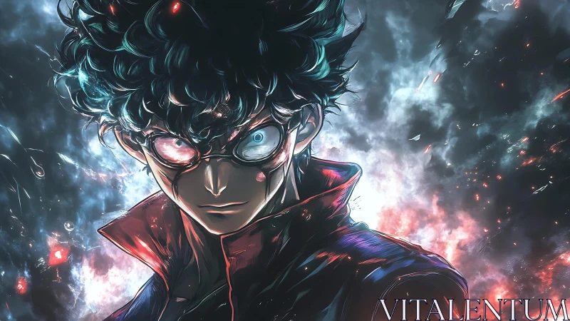 Intense anime sorcerer with glowing eye amid cosmic storm.