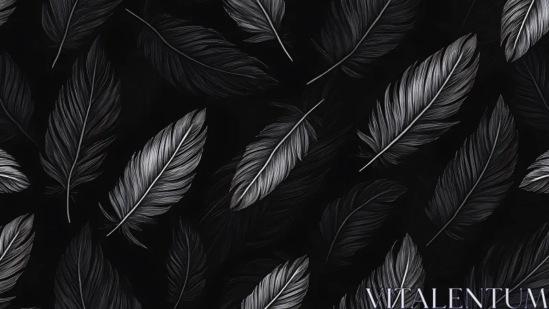 Monochrome feather pattern on black seamless background.