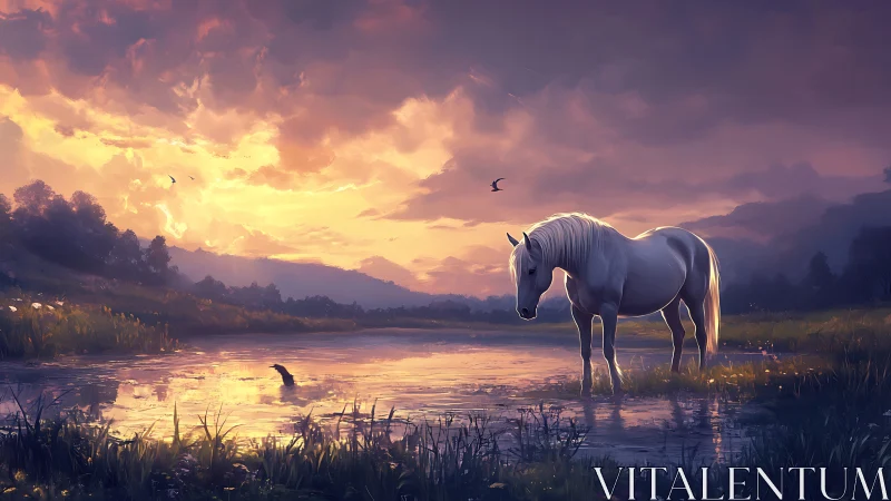 White horse beside reflective pond at vivid sunset.