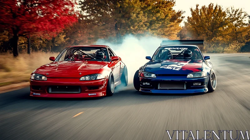 Photorealistic tandem drift with autumn motion blur dynamics.
