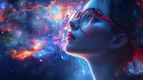 Stargazing dreamer draped in neon galaxies and cosmic glow.