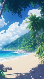 Tropical Beach Scene with Palm Trees and Mountain Coastline