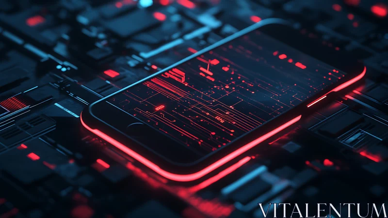 Neon-coded smartphone prowling a dark cyber circuitscape.