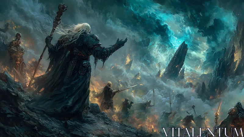 Stormcaller warlock commands legions in burning ravine sky.