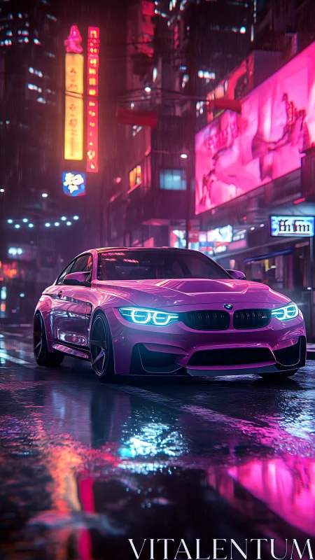 Neon rain crowns a magenta BMW prowling midnight streets