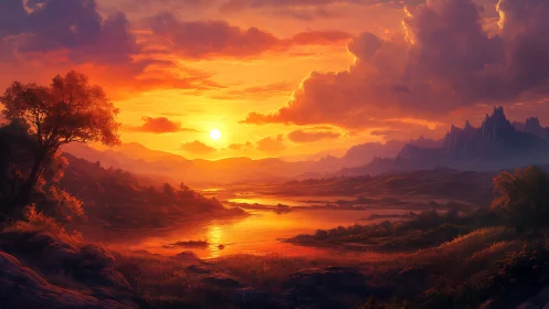 Golden sunset river winding through peaceful fantasy hills.