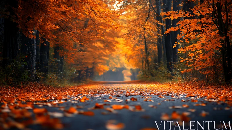 Golden Autumn Road Through Canopy. Forest Path