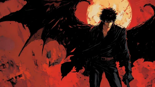 Brooding winged antihero strides before a bloodred moon.