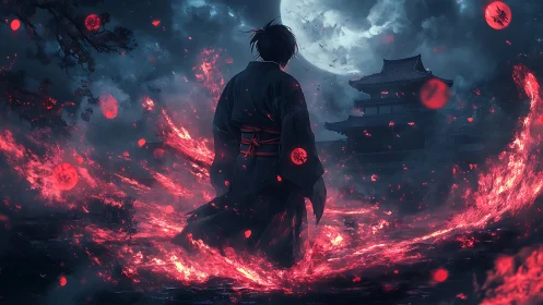 Lone warrior walks through moonlit embers toward home.