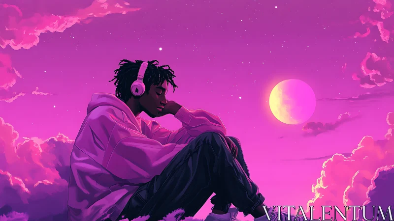 Solitary listener under magenta twilight sky and rising moon