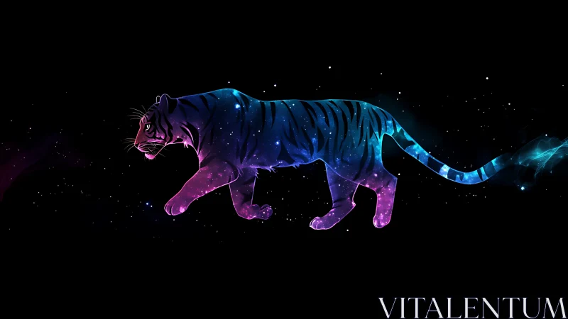 Nebula Tiger digital painting with cosmic negative space focus.
