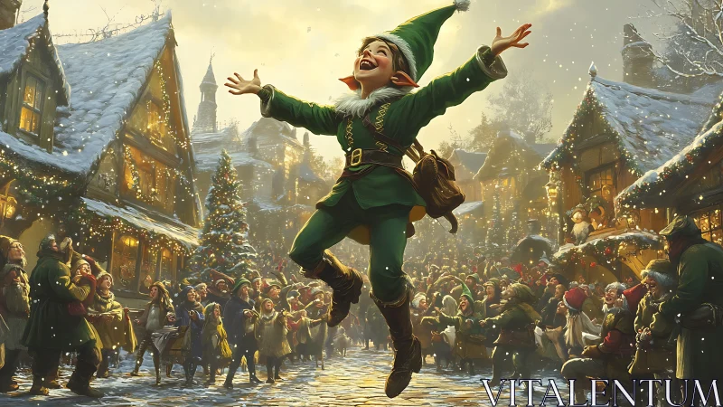 Digital painting of jubilant Christmas elf in snowy village crowd.