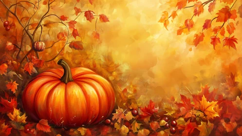 Large orange pumpkin in vivid golden autumn foliage.