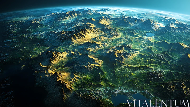 3D terrestrial landscape with sunlit mountain ranges in orbit view.