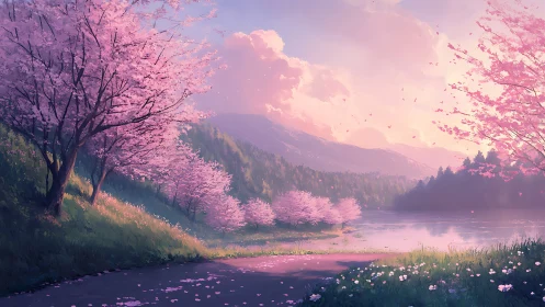 Whispering cherry blossoms bathe a mountain lake in dawn glow.