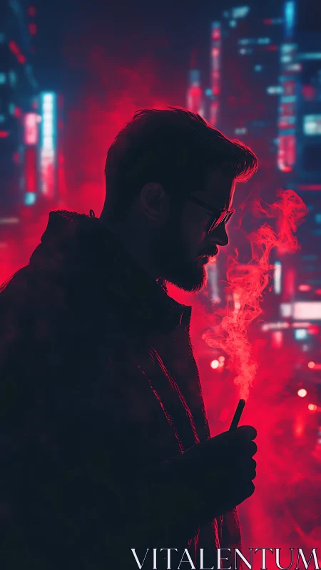 Silhouette vaper in neon cyberpunk city haze at night.