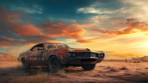 Sunset-rusted muscle car brooding over desolate desert road.