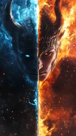 Dual elemental warrior face split by fire and ice energy.