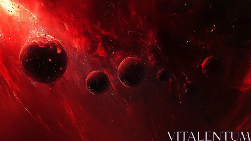 Red cosmic spheres aligned in a dark glowing nebula field.