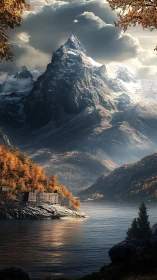 Mountain peak above lake with autumn forest and ruins.