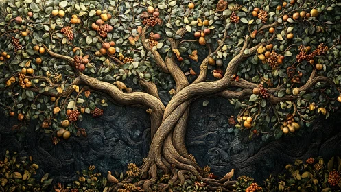 Intertwined fruit-bearing arboreal forms in textured relief tableau.