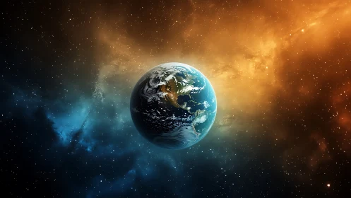 Planet Earth in space with blue and orange cosmic clouds.
