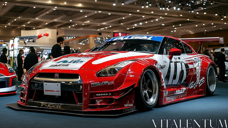 Widebody Nissan GT-R race car with aero kit at indoor expo