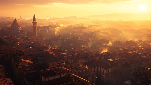 Sunlit terracotta rooftops over misty Old World cityscape.